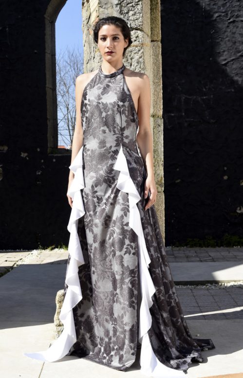 Vestido Diana largo con encaje de flores gris