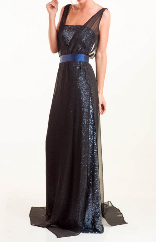 Vestido largo azul cobalto con lentejuelas