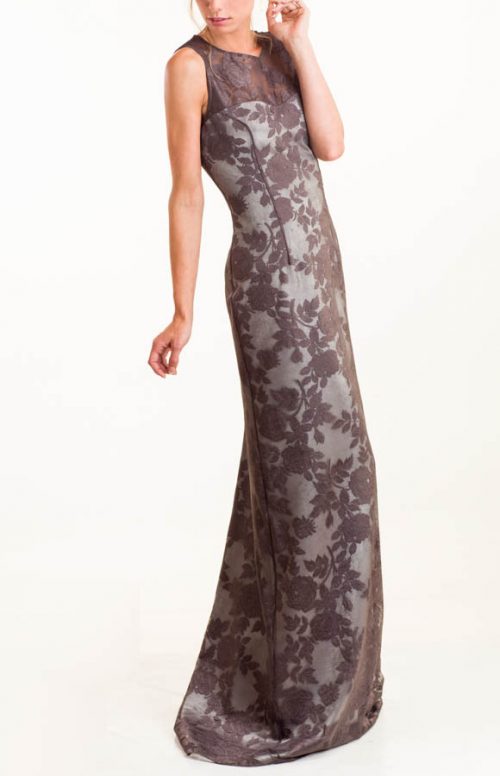 Vestido largo de encaje gris con flores