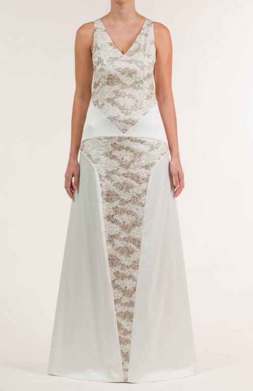 Vestido de novia largo de satén crema y siena