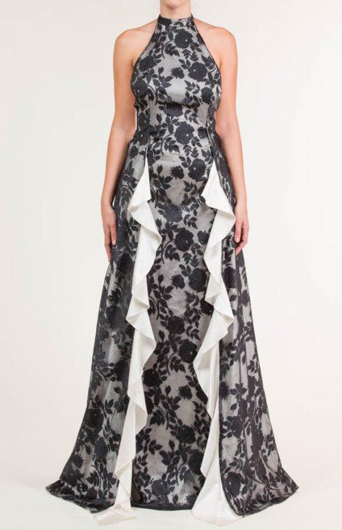 Vestido largo con tejido de encaje de flores negro