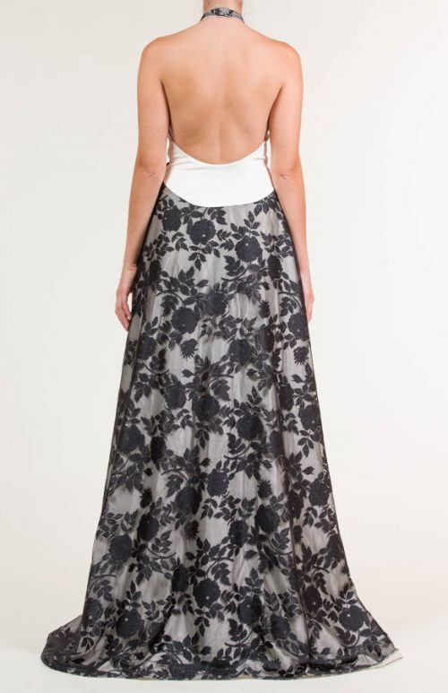 Vestido largo con tejido de encaje de flores negro