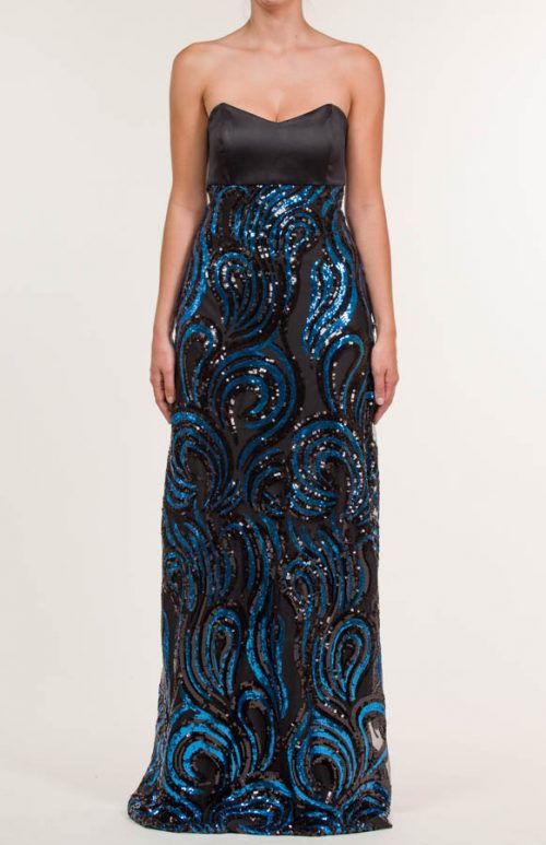 Vestido largo de satén con lentejuelas azul y negro