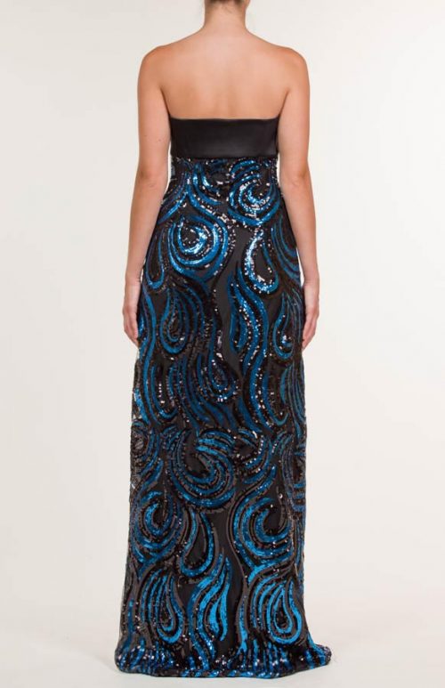 Vestido largo de satén con lentejuelas azul y negro