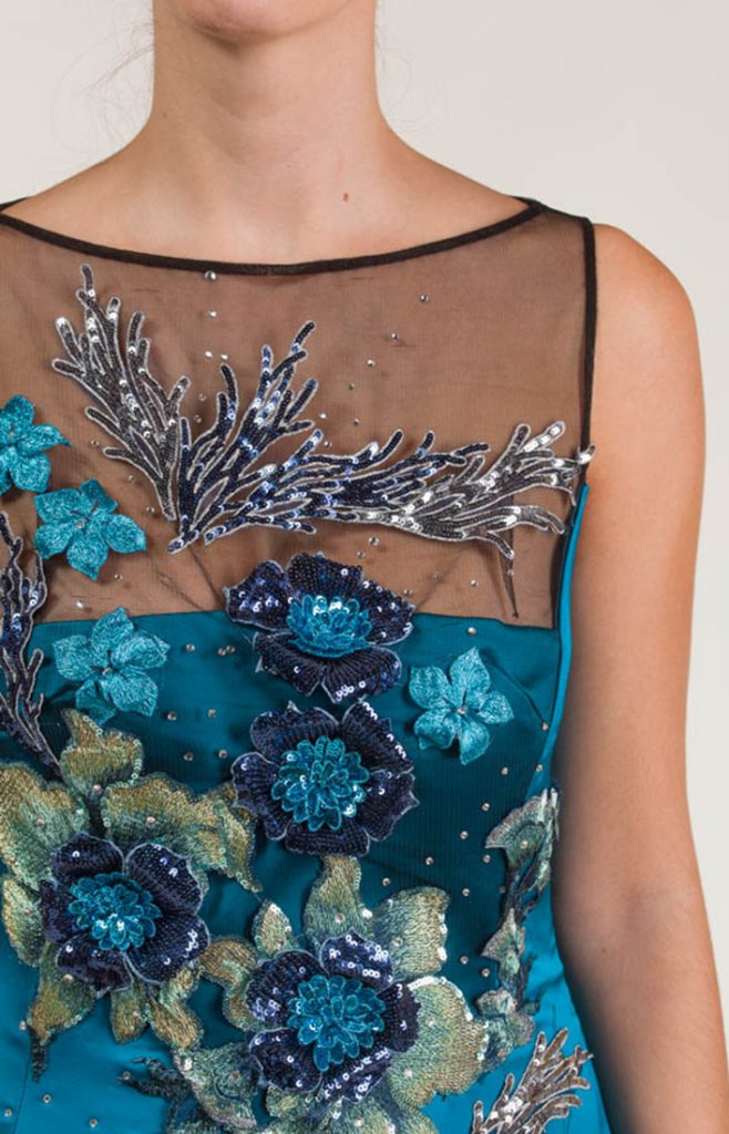 Vestido largo Sirena de fiesta satén liso azul bondi y tul transparente negro - Javier Barrio